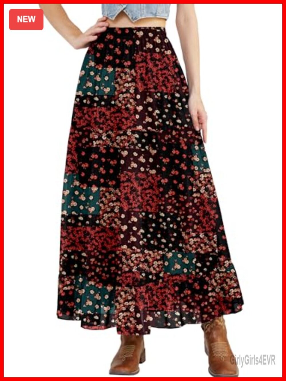 Womens Ruffle Maxi Skirt High Waist Pleated Floral Chiffon Long Skirt